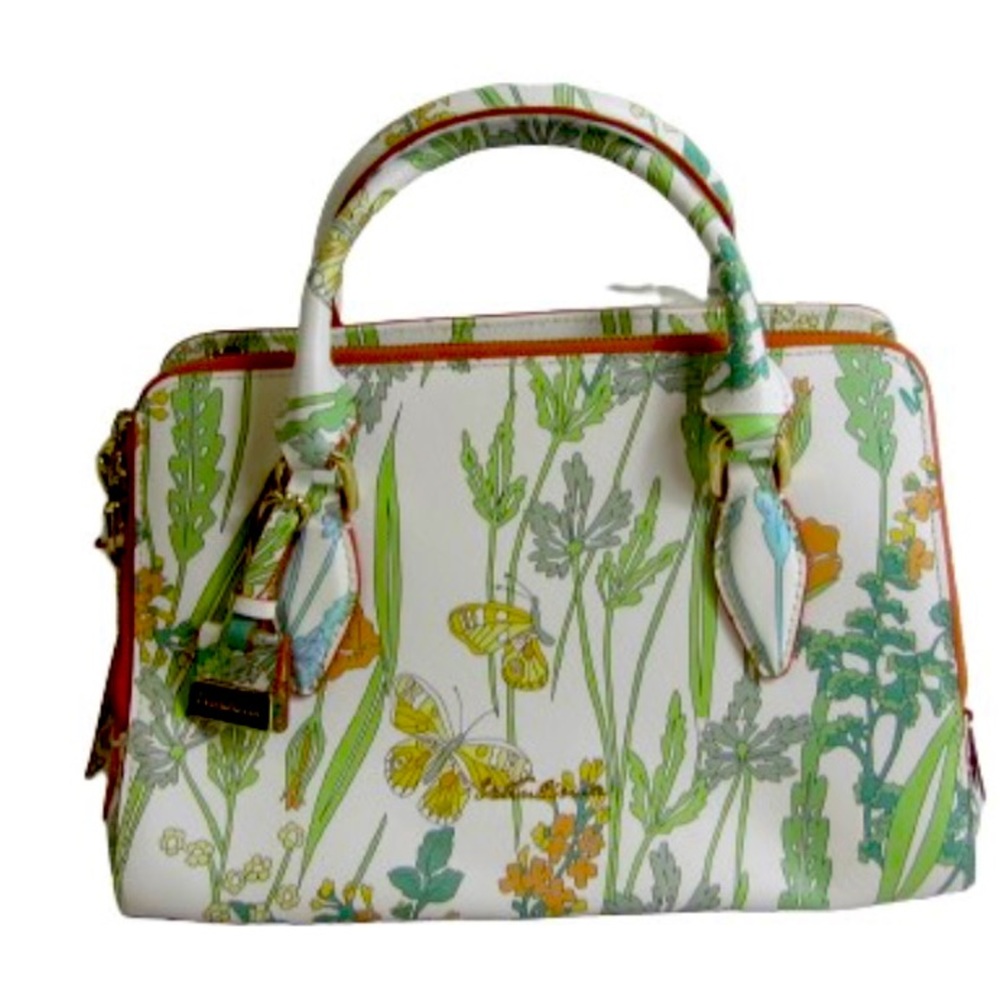 Satchel BAG WanLima Leather Floral Printed Cream/Green Sunmer Hamptons NWT